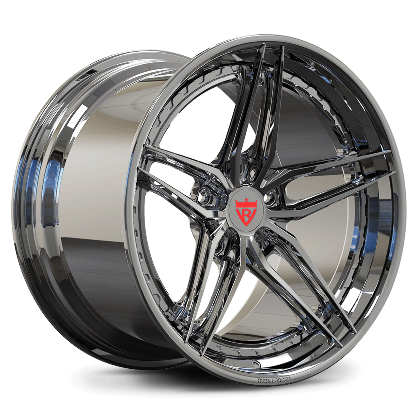 Black chrome forged wheels for 2008 Corvette C6, RVRN DP03 two-piece wheels combining dark reflective finish with performance fitment