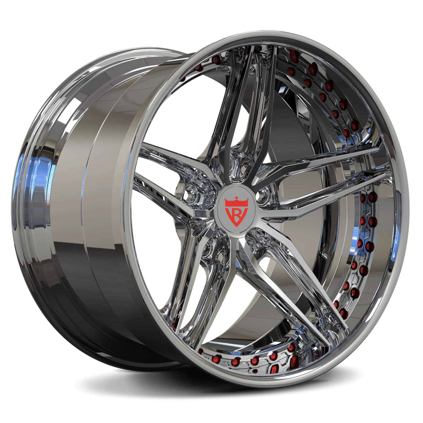 Full chrome forged wheels on 2008 Corvette C6, RVRN DP03 two-piece wheels delivering high-impact luxury and aggressive staggered setup