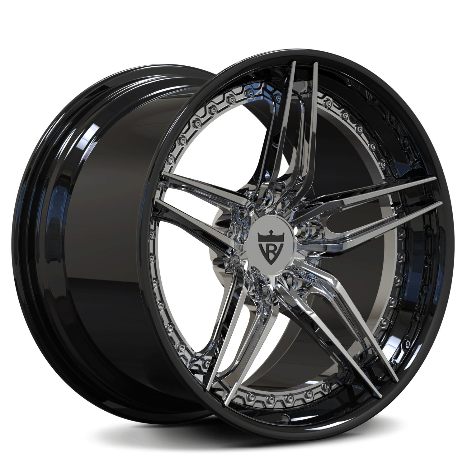 Gloss black and chrome forged wheels on 2008 C6 Corvette, RVRN DP03 two-piece wheels with high-contrast finish and staggered sizing