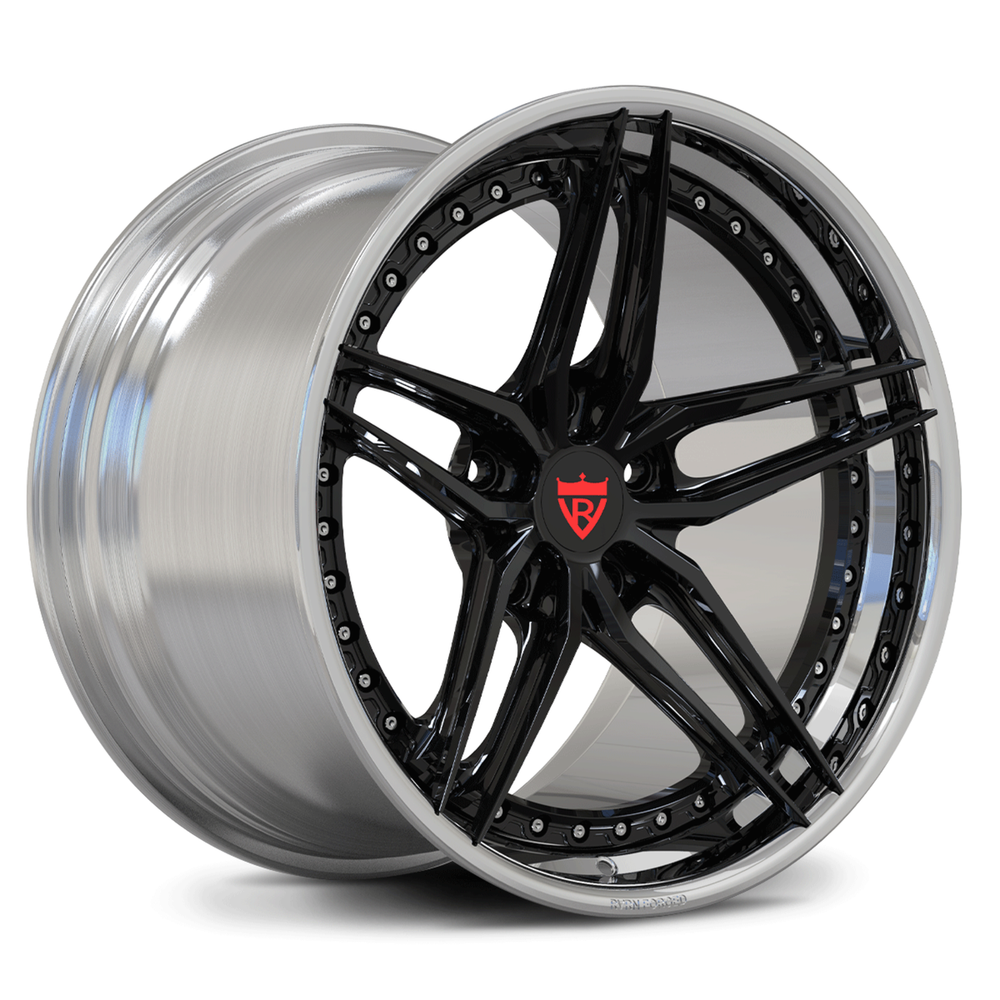 Polished forged wheels with black accents for 2008 C6 Corvette, RVRN DP03 two-piece setup showcasing balanced contrast and performance style