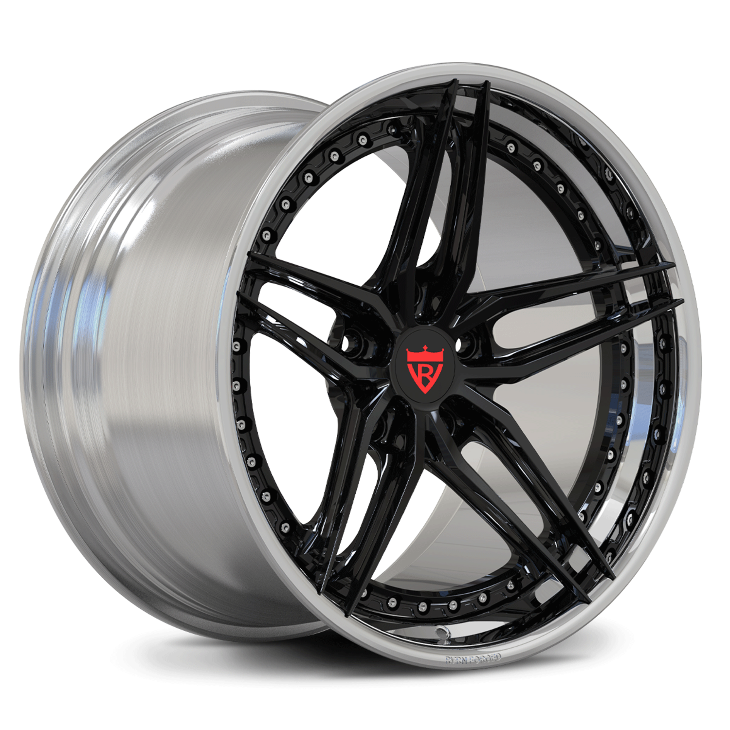 Polished forged wheels with black accents for 2008 C6 Corvette, RVRN DP03 two-piece setup showcasing balanced contrast and performance style