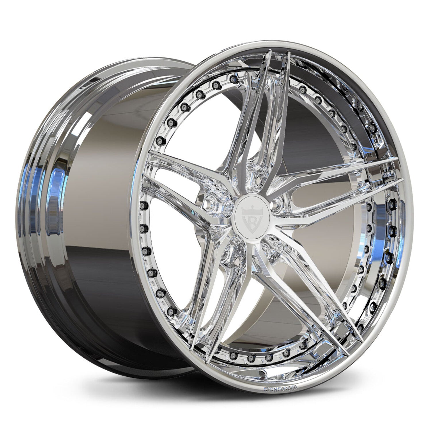 Chrome and polished two-piece forged wheels on 2008 C6 Corvette, RVRN DP03 with layered finish emphasizing depth and premium craftsmanship