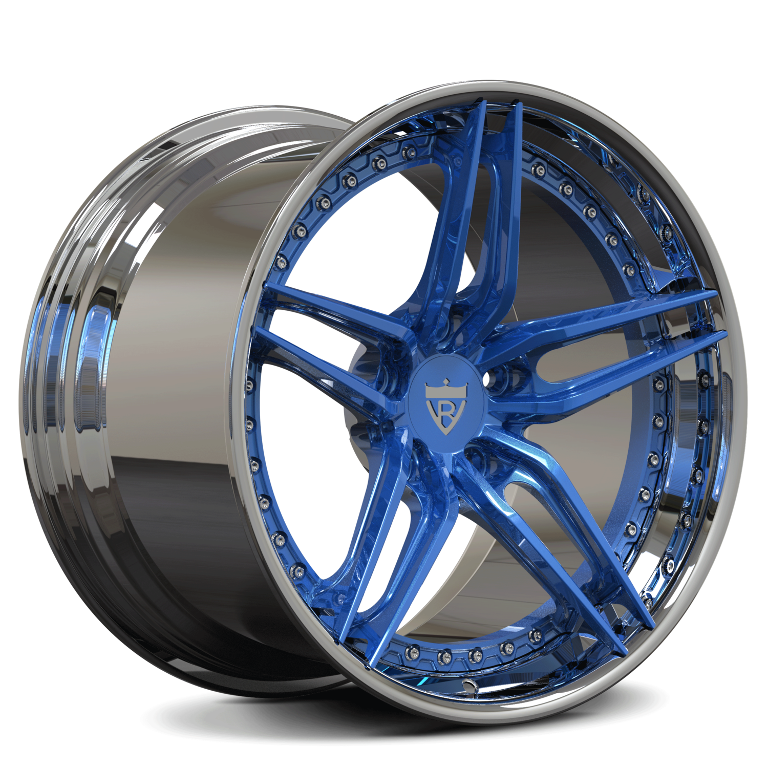 Chrome and polished blue forged wheels on 2008 C6 Corvette, RVRN DP03 two-piece design adding bold color contrast to aggressive stance