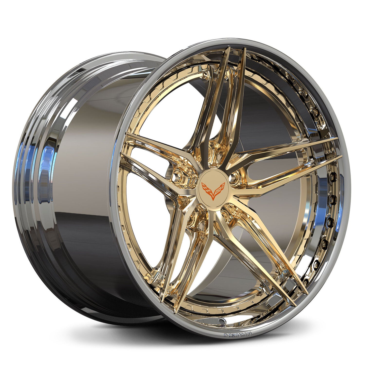 Chrome and polished gold forged wheels for 2008 Corvette C6, RVRN DP03 two-piece wheels blending luxury finish with wide rear fitment