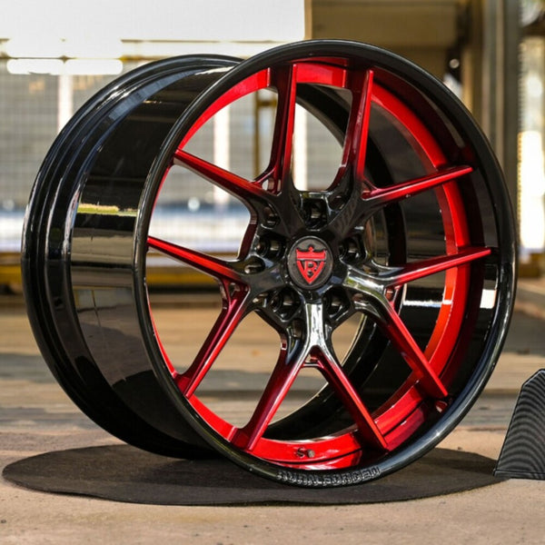 Custom C7 Z06 wheels RV-DR08 forged front view in red and black