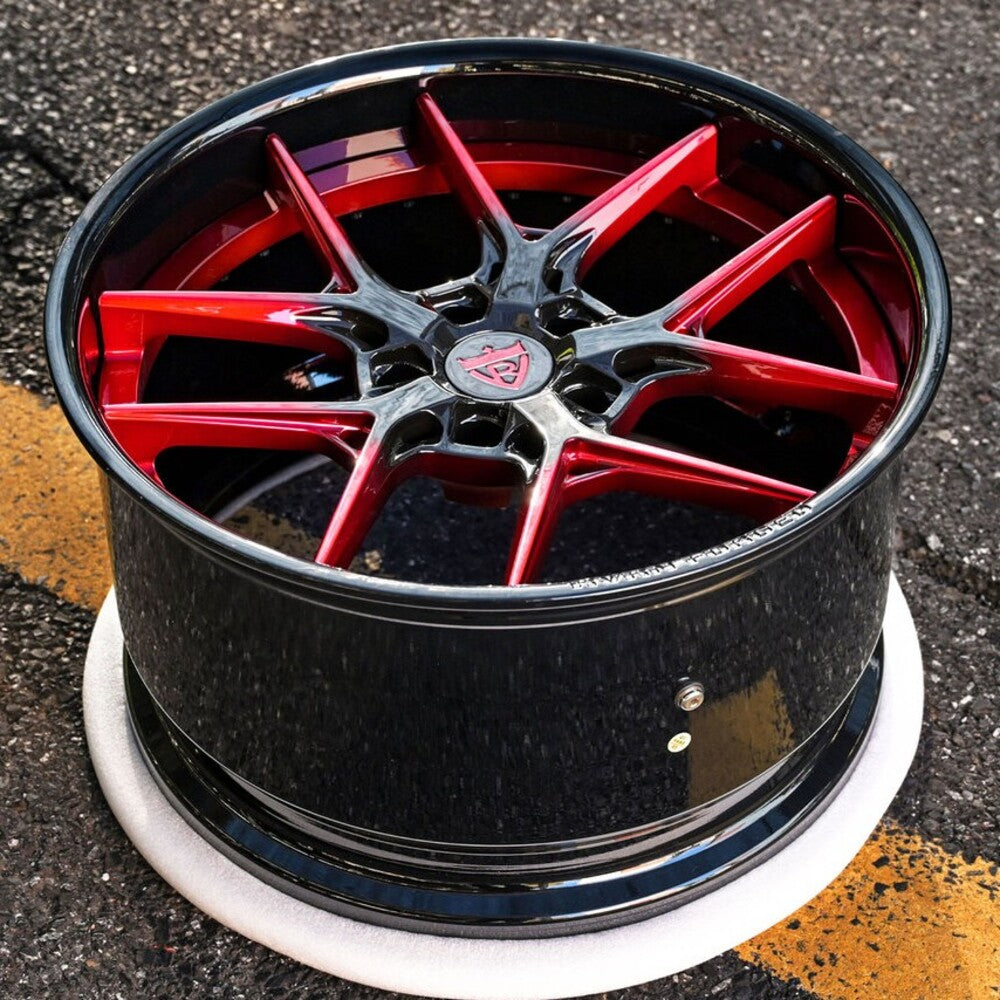 Dragon Blood Red Mist fade to gloss black spokes on C7 Z06 wheels