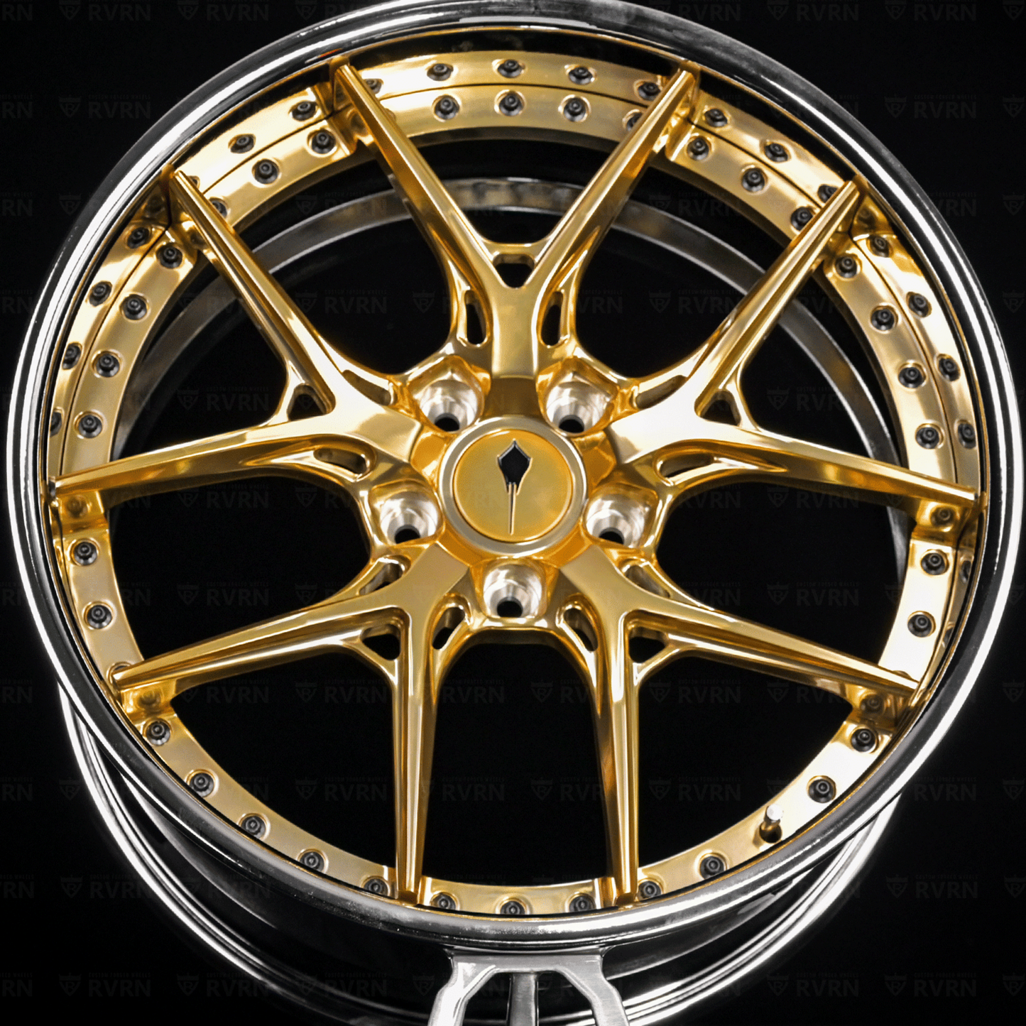 Corvette C8 Stingray custom wheels RV-DR08D 19x8.5 front and 20x11 rear, Polished Frozen Gold spokes with Chrome barrel, OEM brake clearance, flush fitment