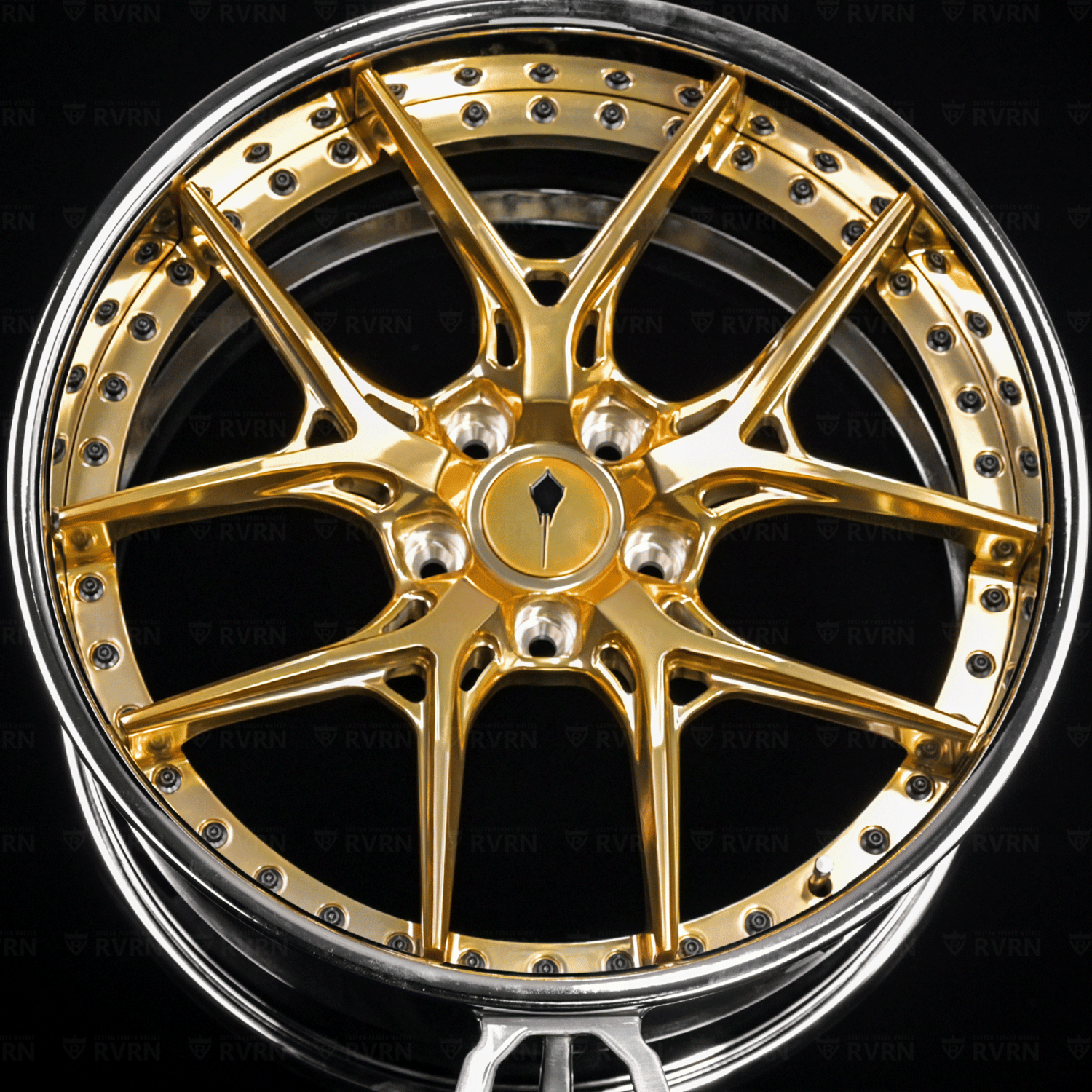 Corvette C8 Stingray custom wheels RV-DR08D 19x8.5 front and 20x11 rear, Polished Frozen Gold spokes with Chrome barrel, OEM brake clearance, flush fitment