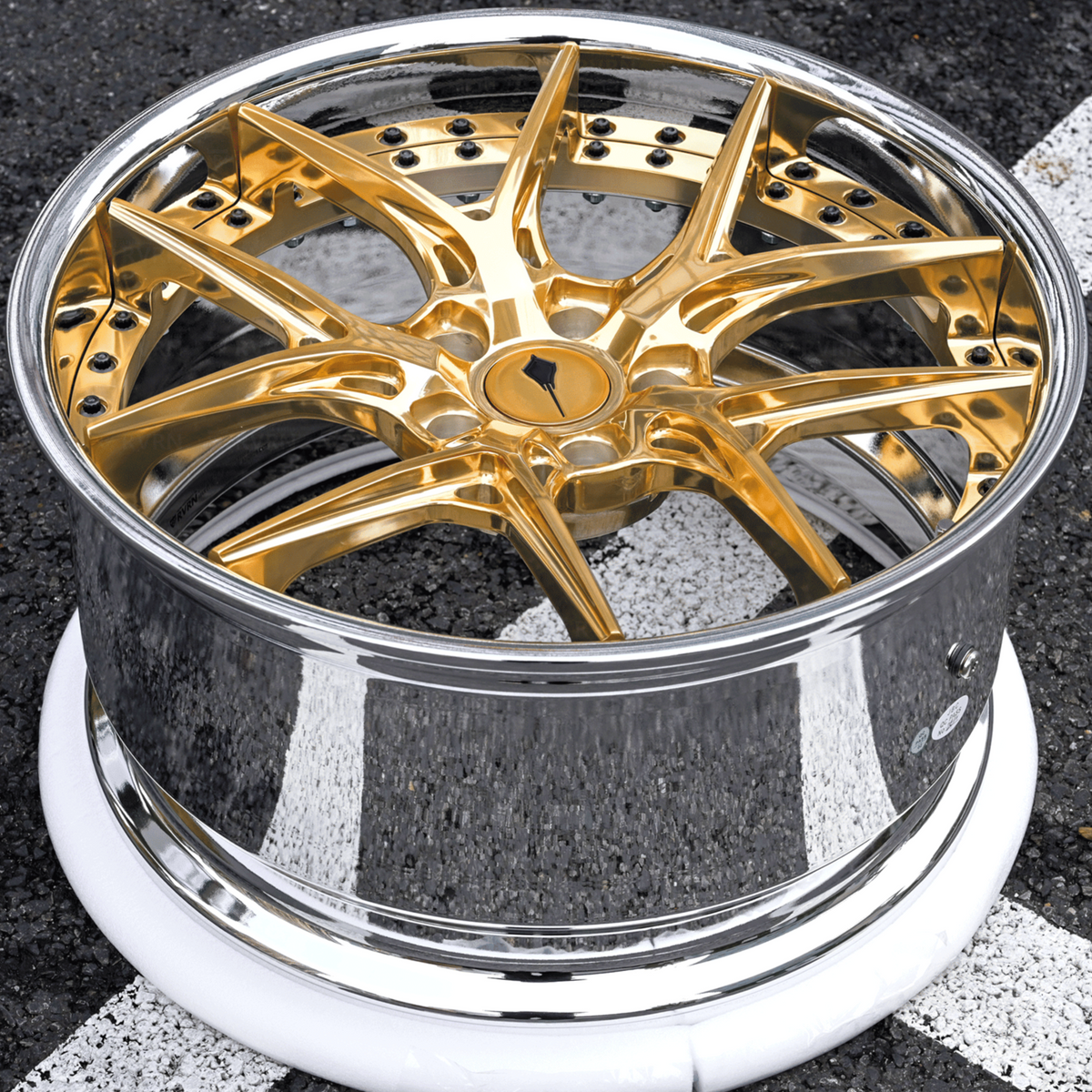 Polished Frozen Gold spokes on RV-DR08D forged two-piece wheels for Corvette C8 Stingray, custom finish designed to match factory body lines