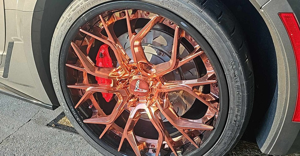 Aggressive rose gold wheels for Corvette C7 Z06 with OEM specs 19x10/20x12, RVRN custom forged 2-piece series RV-DR16