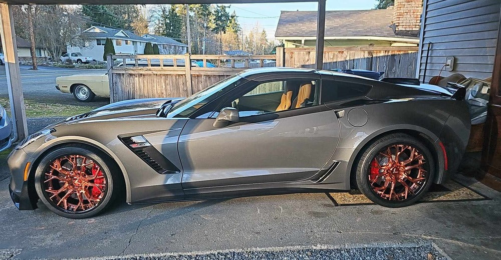 Aggressive rose gold wheels for Corvette C7 Z06 with OEM specs 19x10/20x12, RVRN custom forged 2-piece series RV-DR16