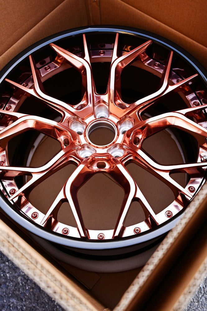 Aggressive rose gold wheels for Corvette C7 Z06 with OEM specs 19x10/20x12, RVRN custom forged 2-piece series RV-DR16