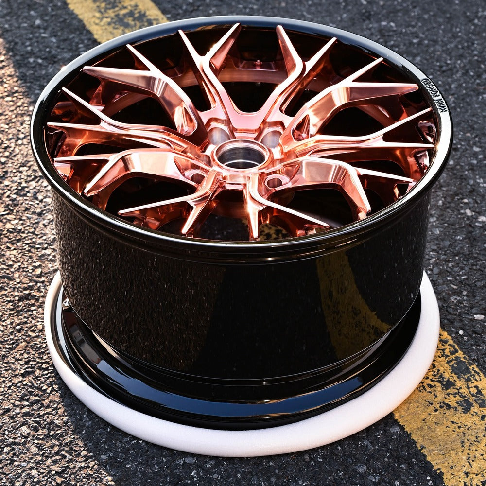 Aggressive rose gold wheels for Corvette C7 Z06 with OEM specs 19x10/20x12, RVRN custom forged 2-piece series RV-DR16