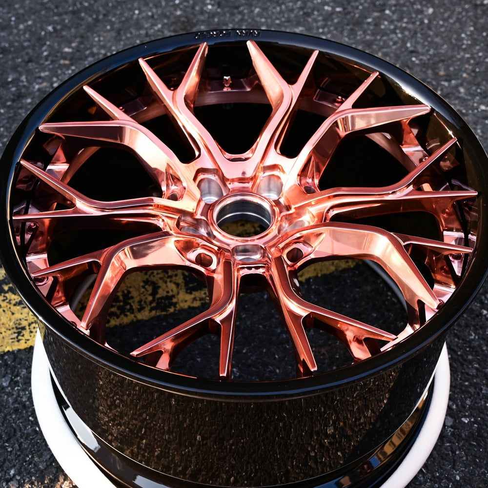 Aggressive rose gold wheels for Corvette C7 Z06 with OEM specs 19x10/20x12, RVRN custom forged 2-piece series RV-DR16