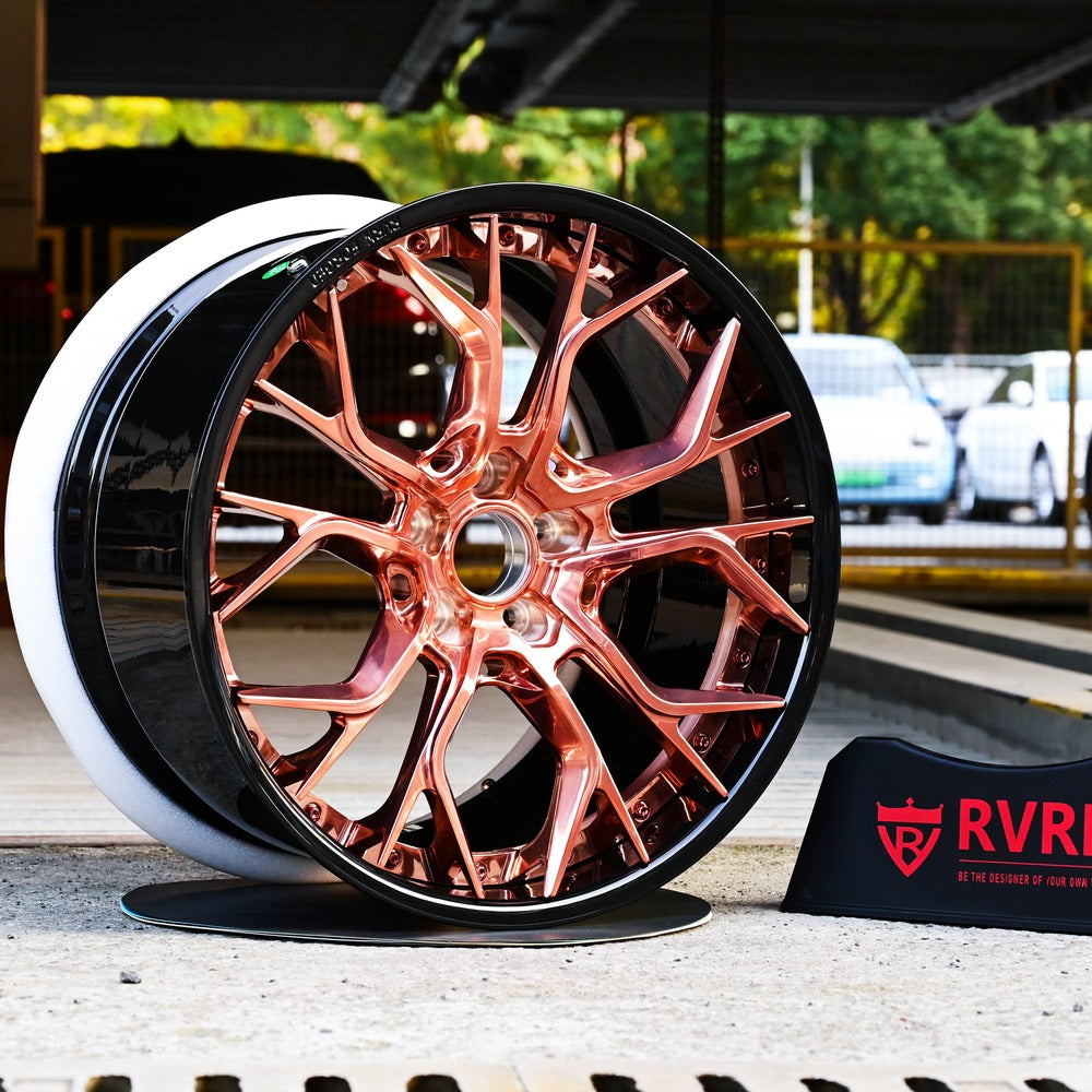 Aggressive rose gold wheels for Corvette C7 Z06 with OEM specs 19x10/20x12, RVRN custom forged 2-piece series RV-DR16