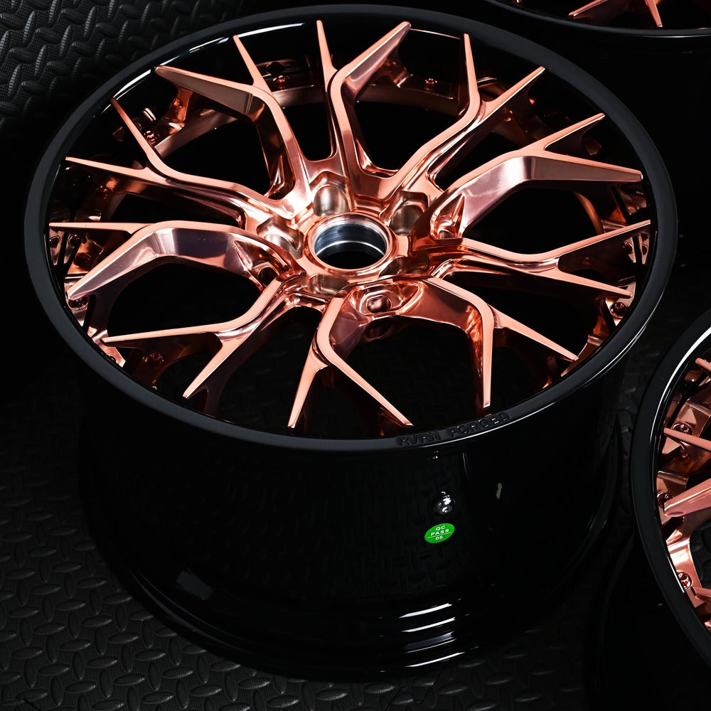 Aggressive rose gold wheels for Corvette C7 Z06 with OEM specs 19x10/20x12, RVRN custom forged 2-piece series RV-DR16