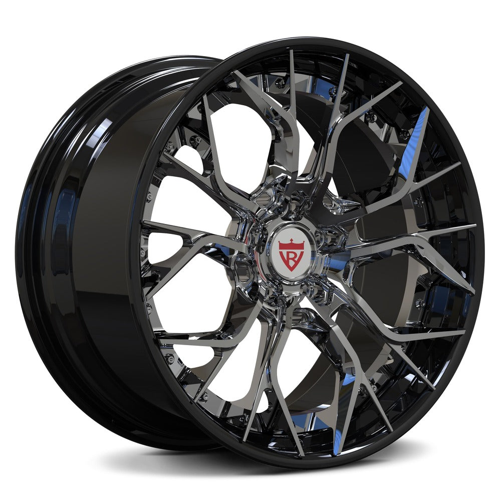 Corvette c7 z06 forged wheels with chrome and black, 19x10/20x12 OEM specs, RVRN custom forged 2-piece wheels series