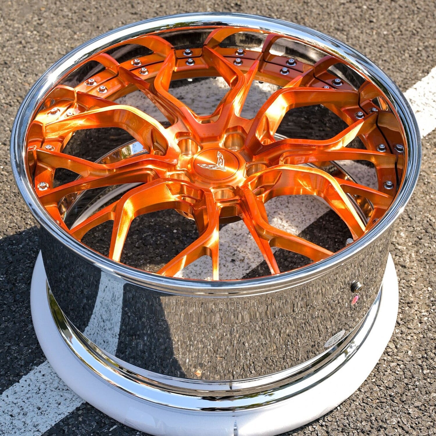 RV-DR16 transparent copper and chrome 2-piece forged wheels on 2023 Corvette C8 Z51 front angle, 20x9 fitment.
