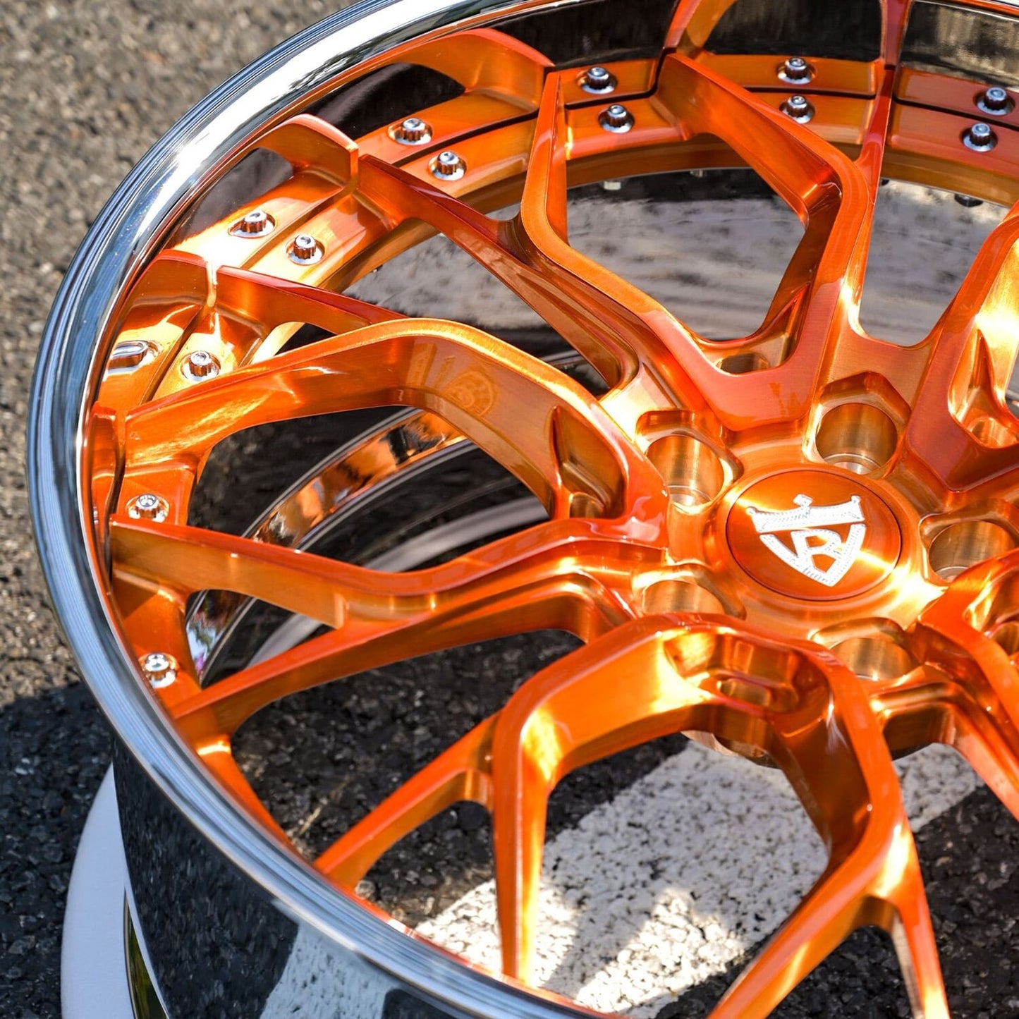 Deep lip chrome barrel with transparent copper spokes on RV-DR16 forged wheels for Corvette C8, design your own wheels.