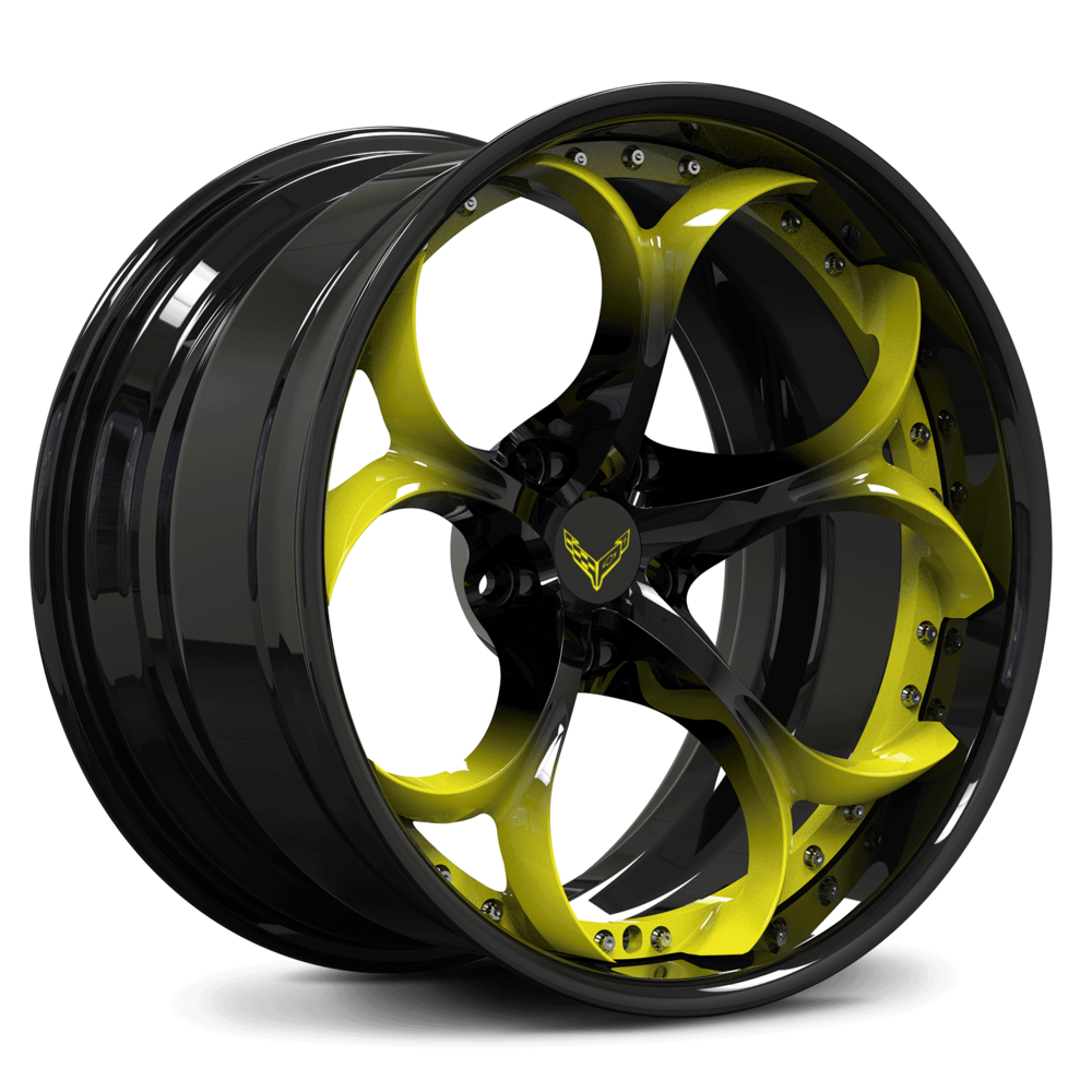 Yellow and black rims for Corvette C1-C8, custom forged 2-piece wheels series RV-DS016