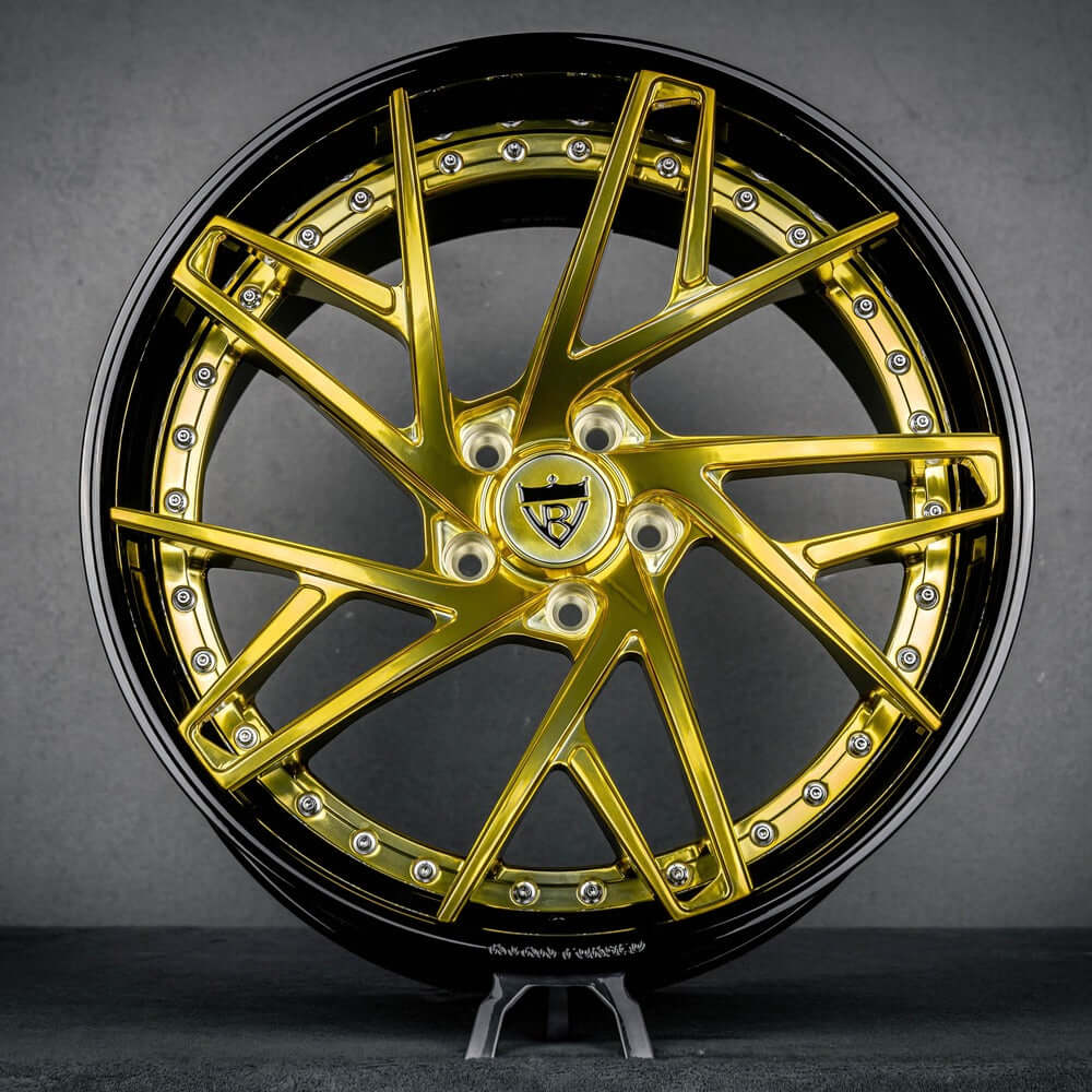 Corvette C8 concave wheels with gold face and black lip, design your own rims with rvrn wheels, super concave rims