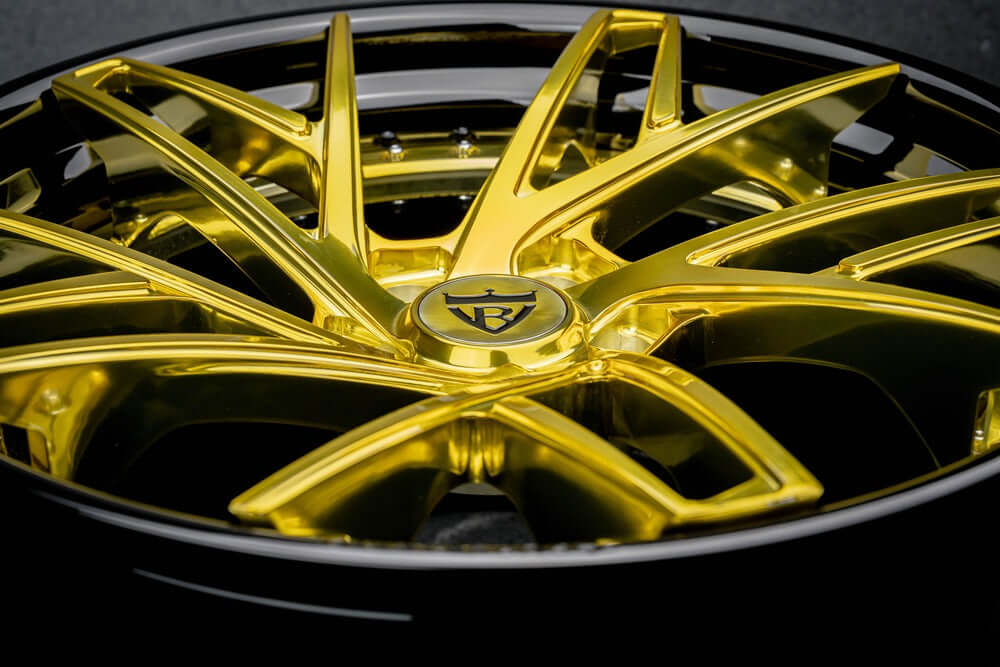 Corvette C8 concave wheels with gold face and black lip, design your own rims with rvrn wheels, super concave rims