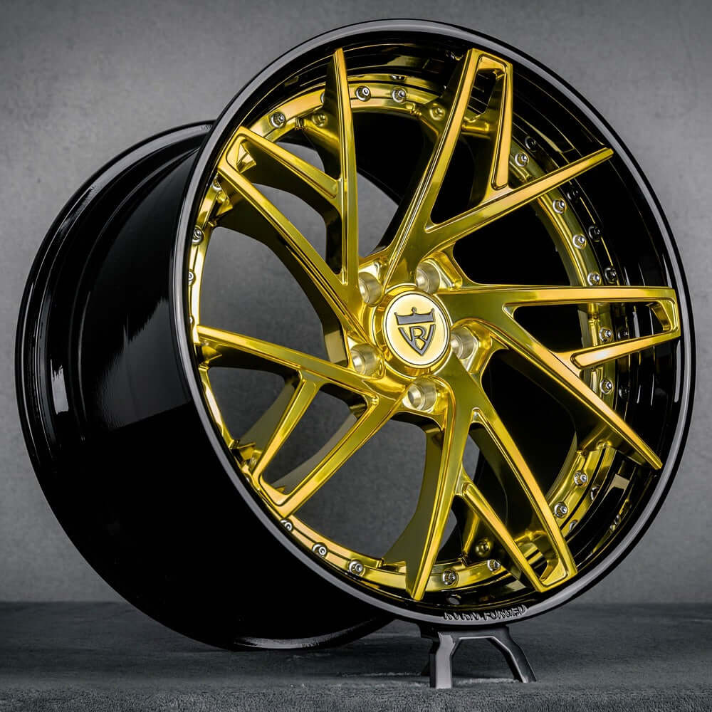 Corvette C8 concave wheels with gold face and black lip, design your own rims with rvrn wheels, super concave rims