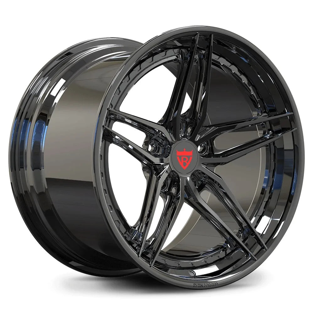 C6 Corvette 5-spoke forged wheels by RVRN Wheels, RV-DP03 2-piece in all black chrome finish, 19x10/20x12