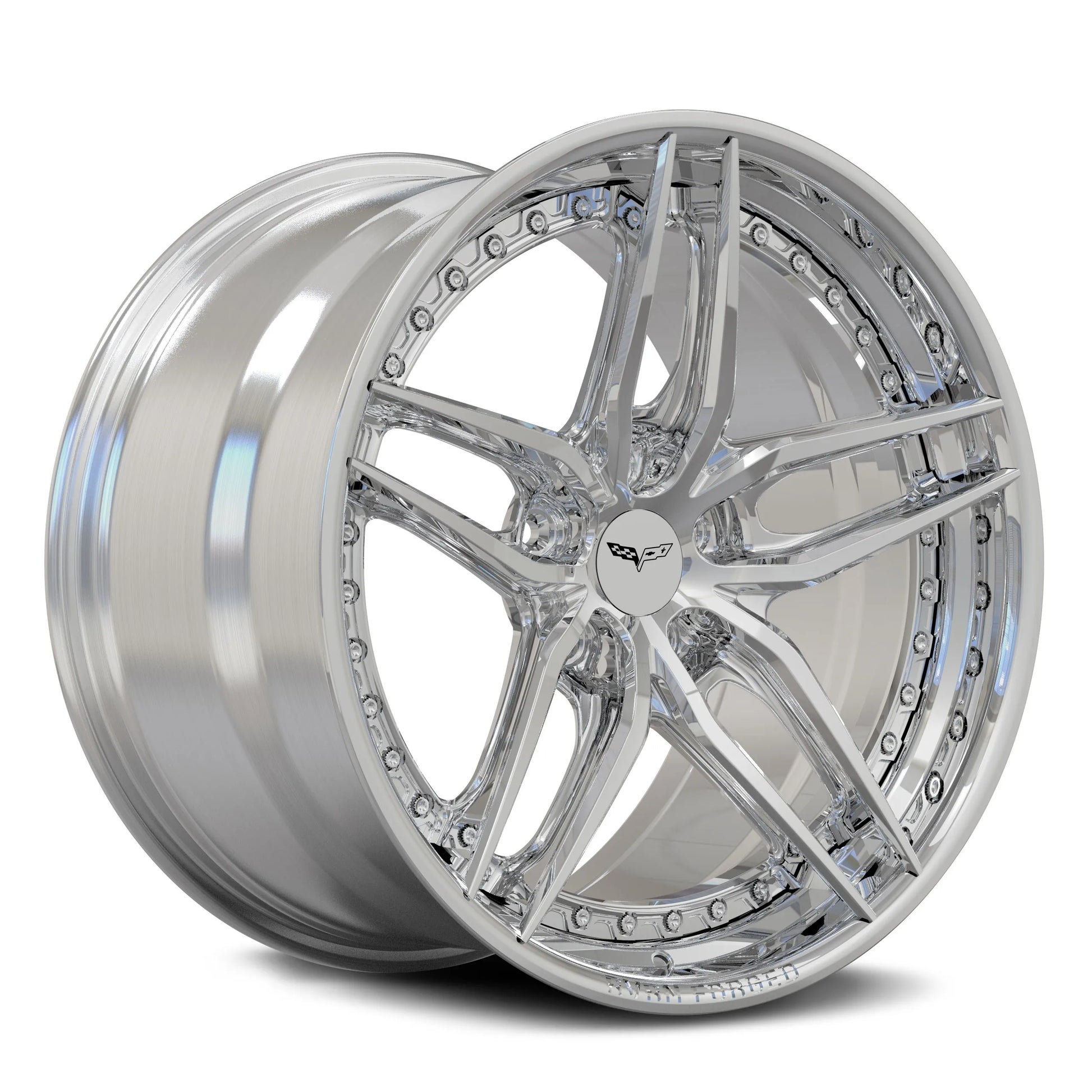 C6 Corvette 5-spoke forged wheels by RVRN Wheels, RV-DP03 custom forged 2-piece in polished aluminum finish, 19x10/20x12