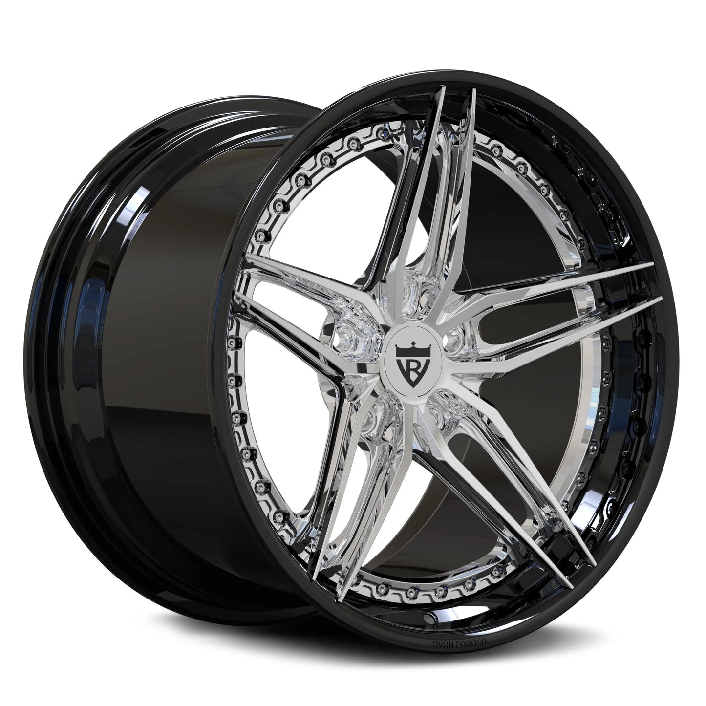 C6 Corvette 5-spoke forged wheels by RVRN Wheels, RV-DP03 2-piece with polished aluminum spoke and gloss black barrel, 19x10/20x12