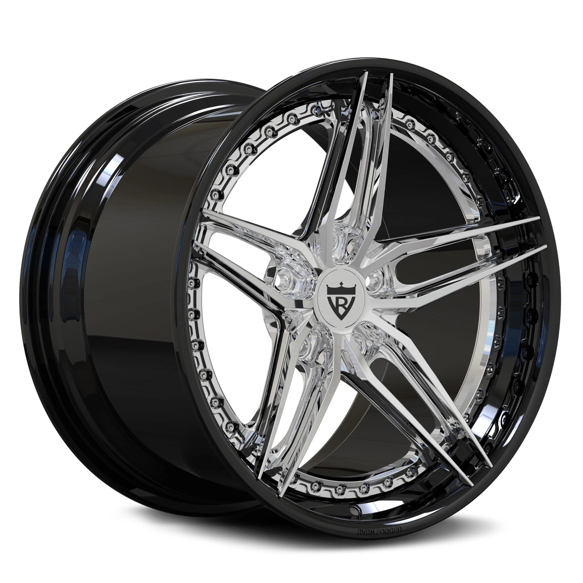 C6 Corvette 5-spoke forged wheels by RVRN Wheels, RV-DP03 2-piece with polished aluminum spoke and gloss black barrel, 19x10/20x12
