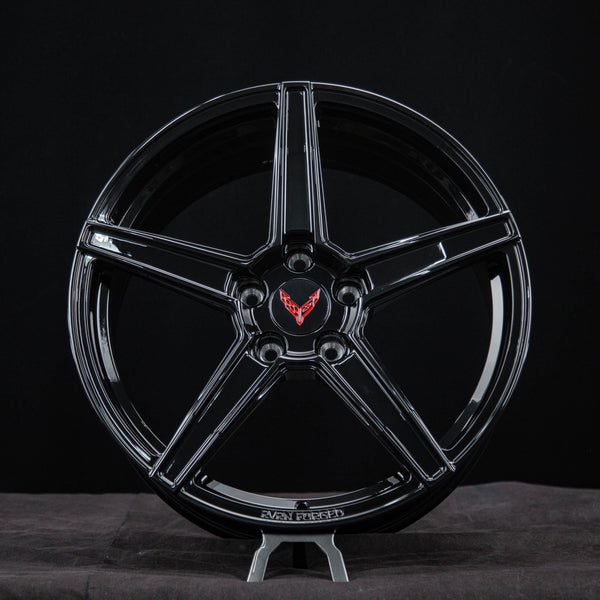 5 Spoke Corvette C8 black forged wheels front angle 19x8.5