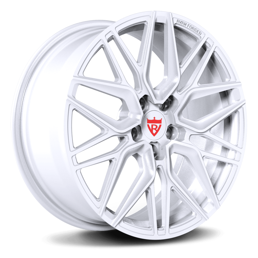 Sleek white forged wheels on a Corvette C8 Stingray, showcasing performance