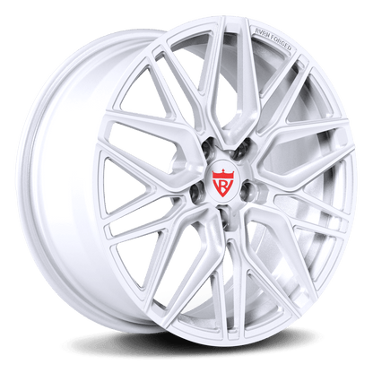 Sleek white forged wheels on a Corvette C8 Stingray, showcasing performance