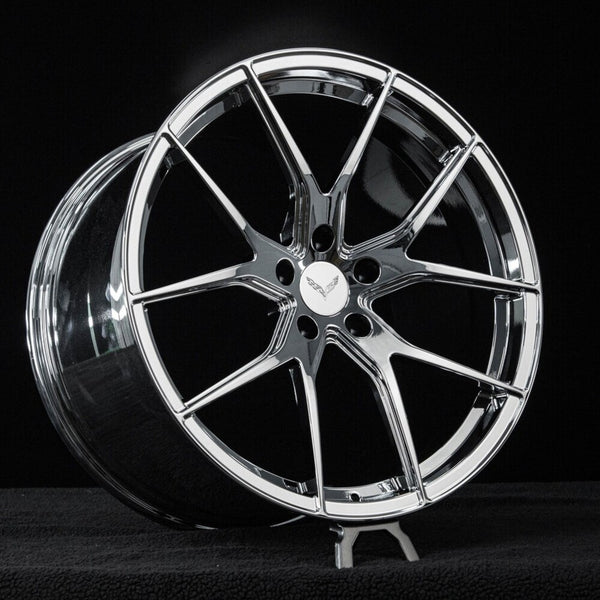 Corvette C7 Z06 with RV-MC24 shiny chrome wheels — 20x10 front, 21x12 rear fitment