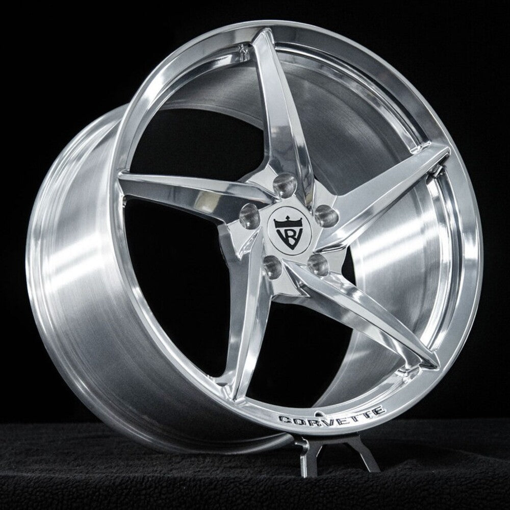 Side profile showcasing polished aluminum finish on 2025 Corvette Stingray forged wheels