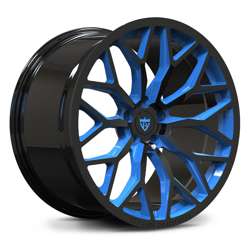 RVRN custom forged wheel black and blue two-tone finish detail
