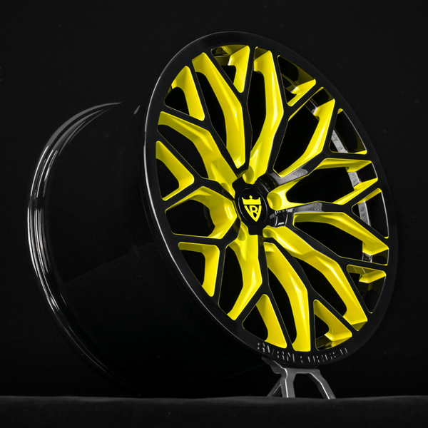 RVRN custom forged wheel black and yellow two-tone finish detail