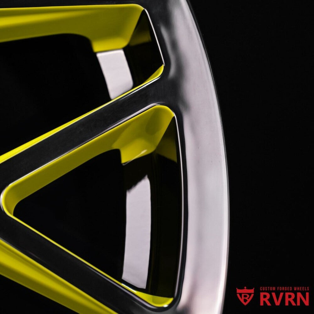 RVRN custom forged wheel black and yellow two-tone finish detail