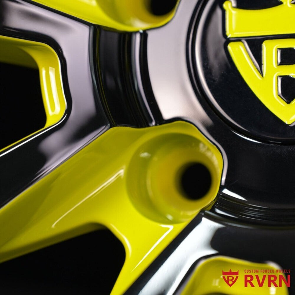 RVRN custom forged wheel black and yellow two-tone finish detail