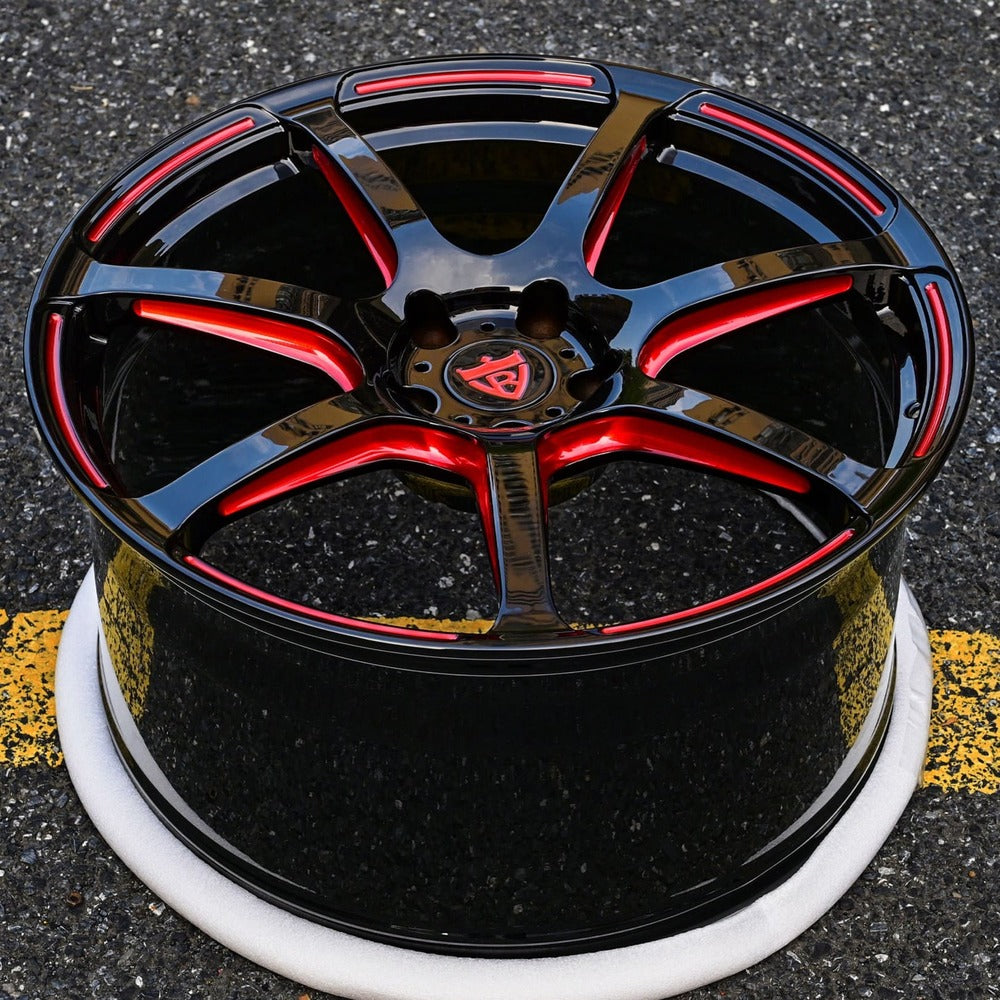 Corvette C8 custom performance rims with black and red color combo. RVRN Custom Forged Monoblock RV-MH092 Series for your Corvette C1-C8, custom made per order