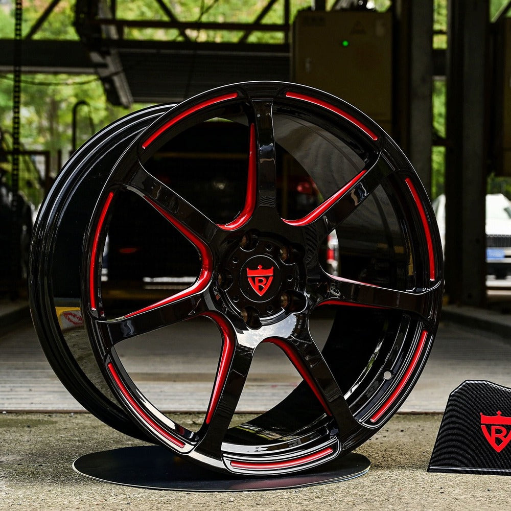 Corvette C8 custom performance rims with black and red color combo. RVRN Custom Forged Monoblock RV-MH092 Series for your Corvette C1-C8, custom made per order