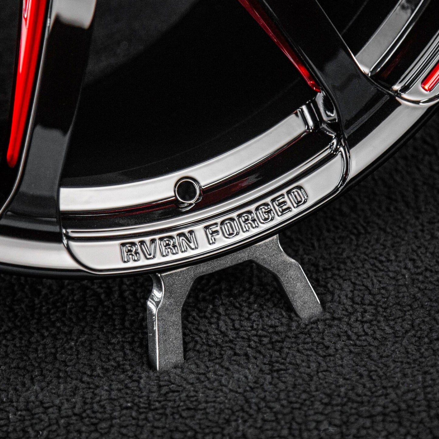 Rear fitment view of RVRN MH092 Corvette C8 Z51 forged wheel in 20x11, gloss black finish with red accents.