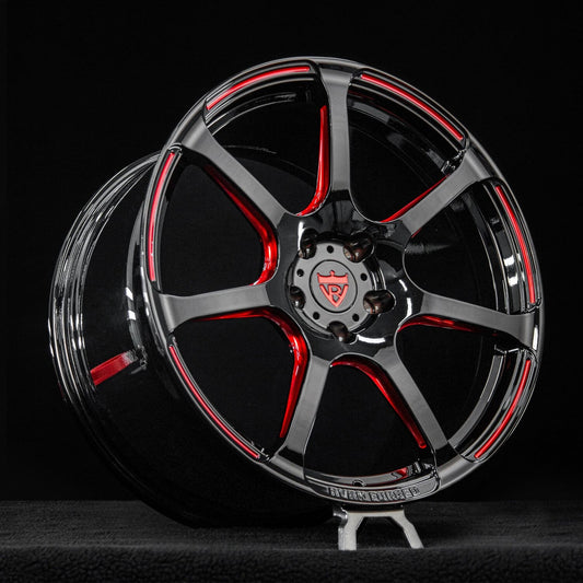 RVRN MH092 forged monoblock wheel for 2021 Corvette C8 Z51 in gloss black with transparent red engraving, front angle view 19x8.5.