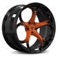 Close-up render of Corvette C8 aftermarket wheels in orange gloss