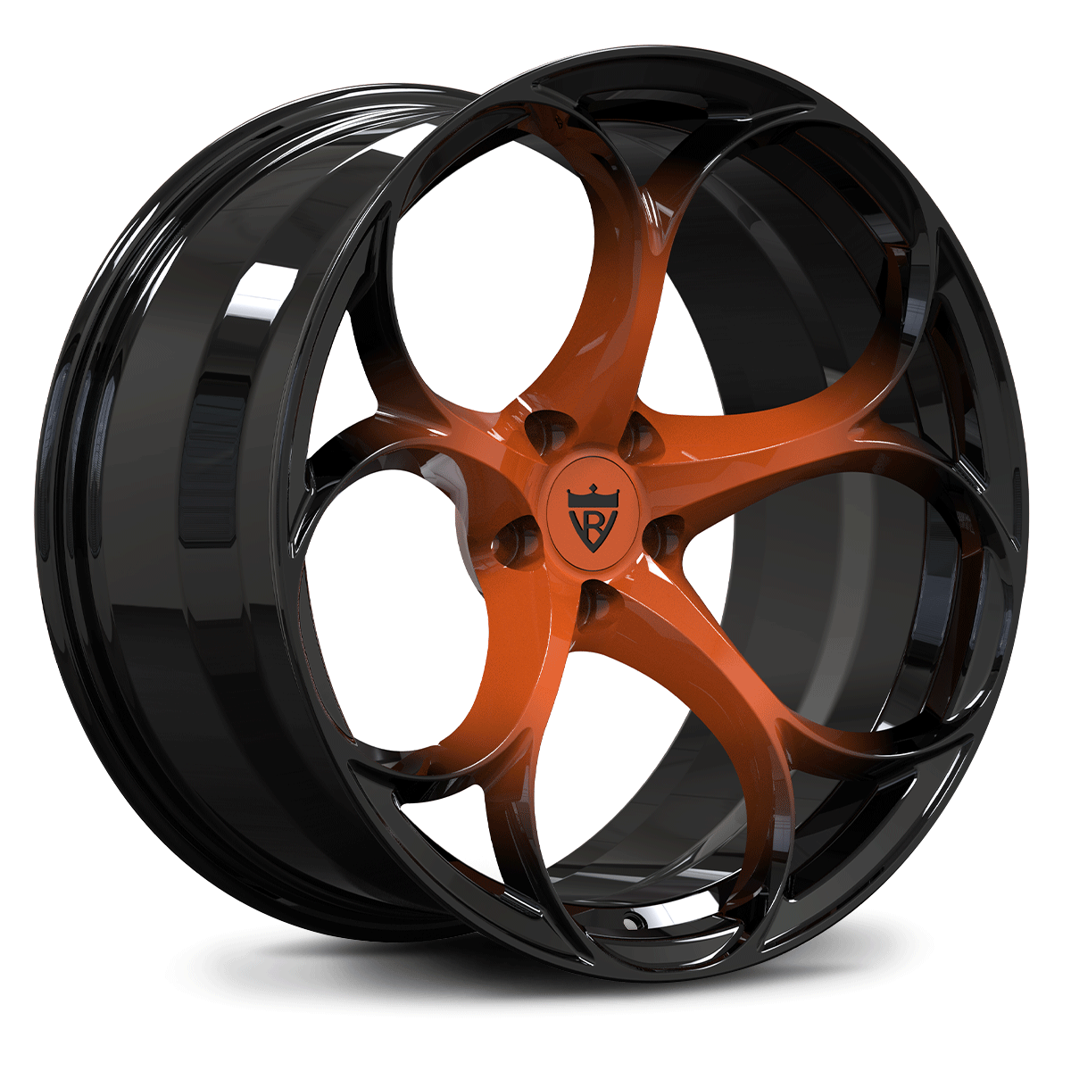 Close-up render of Corvette C8 aftermarket wheels in orange gloss