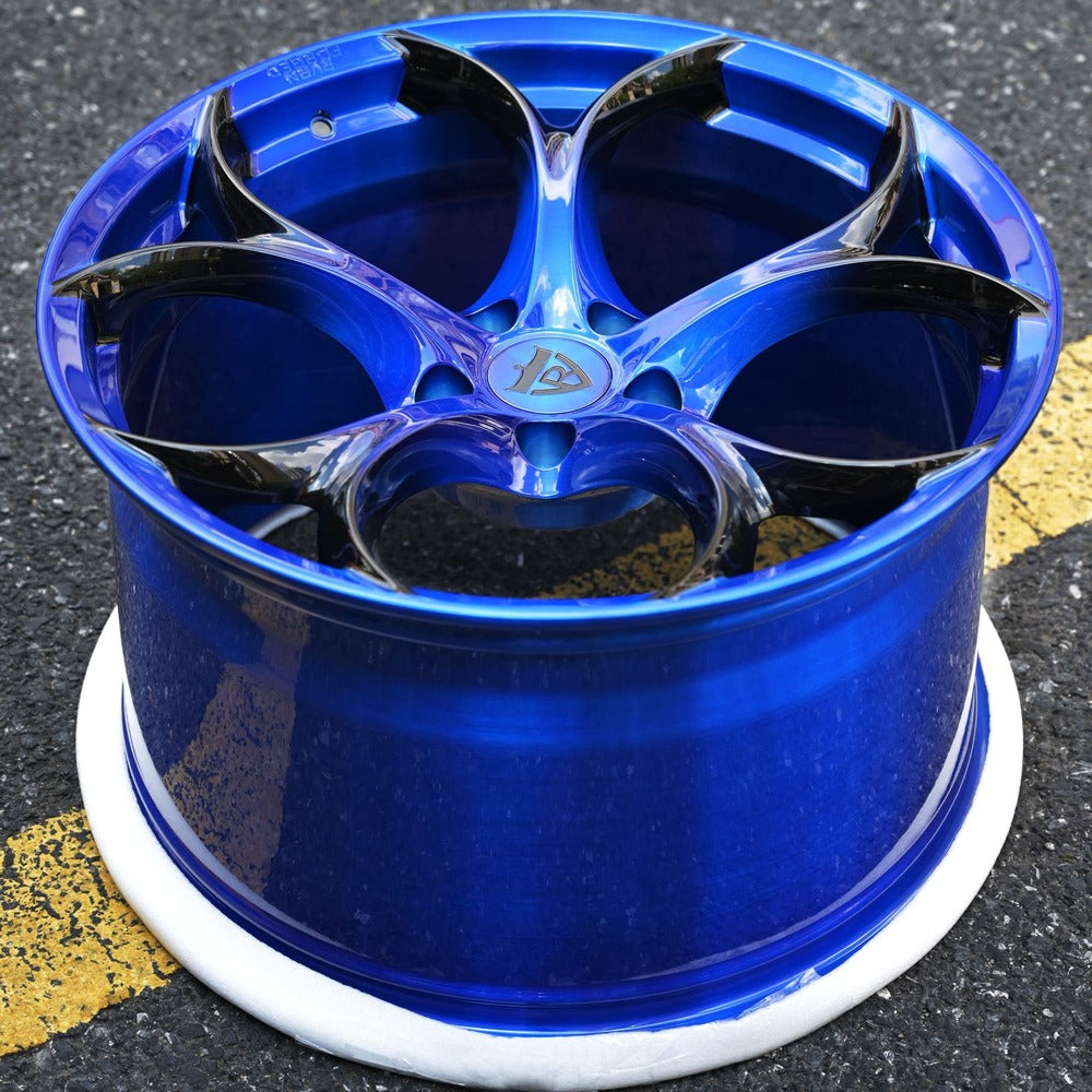 Custom Corvette C7 Grand Sport Wheels with Black, Blue and Orange color in OEM or Upgraded Wheel Size. Design your own wheels and get a set of custom forged monoblock performance rims