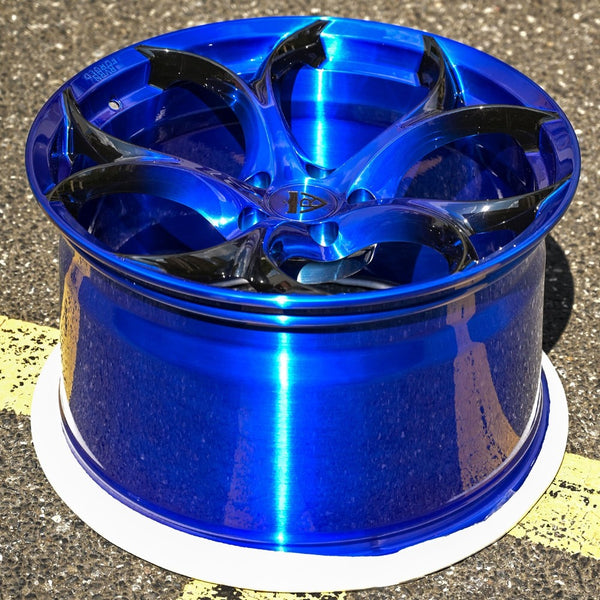 Custom Corvette C7 Grand Sport Wheels with Black, Blue and Orange color in OEM or Upgraded Wheel Size. Design your own wheels and get a set of custom forged monoblock performance rims