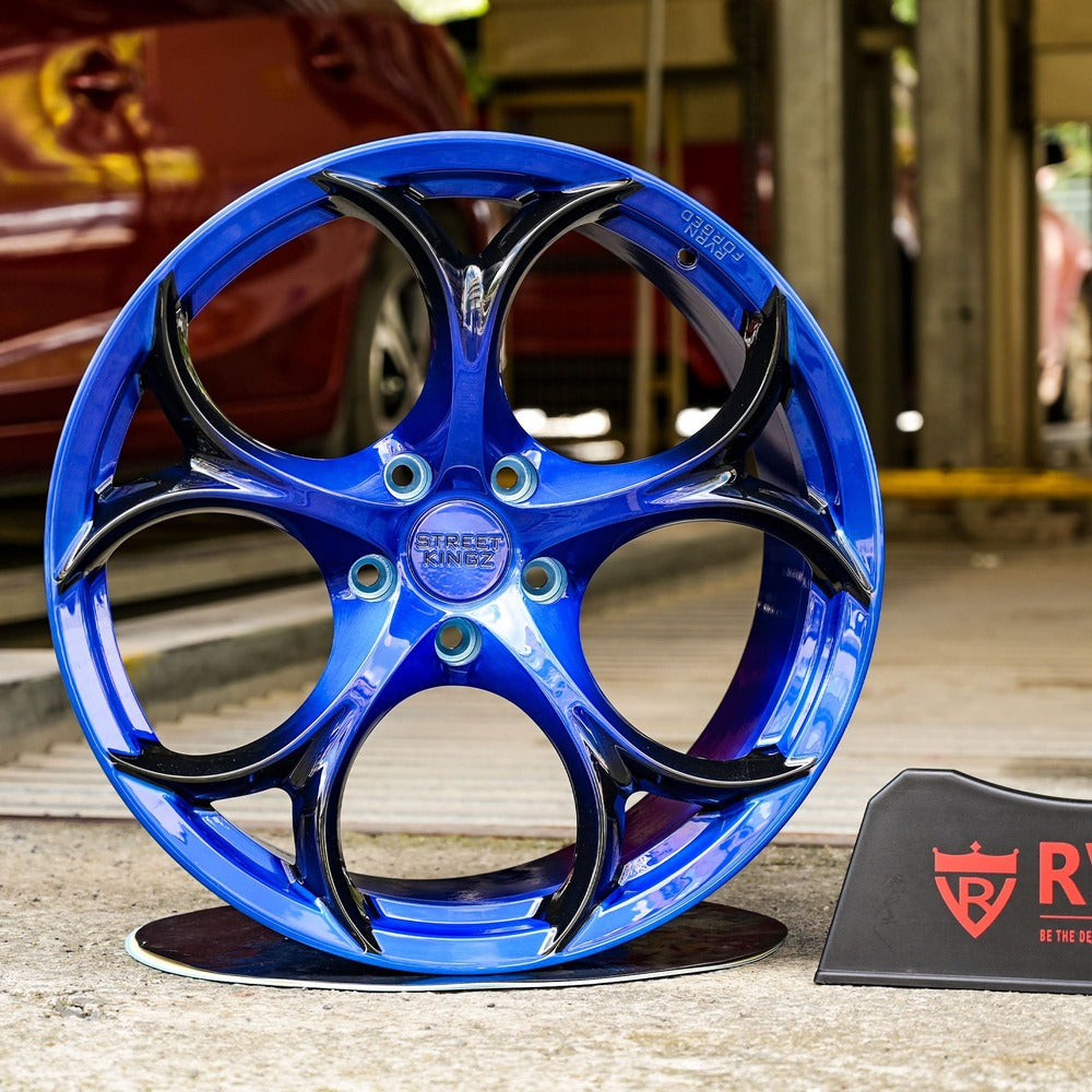 Custom Corvette C7 Grand Sport Wheels with Black, Blue and Orange color in OEM or Upgraded Wheel Size. Design your own wheels and get a set of custom forged monoblock performance rims