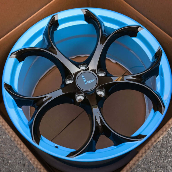 Custom forged Rapid Blue wheels for Corvette C8, enhancing style and performance